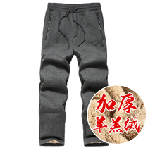 Lamb cashmere sweatpants men plus velvet thickened winter slim feet cotton pants solid color pants casual winter pants winter