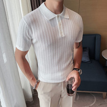 2022 summer solid color ice silk T-shirt short-sleeved mens light familiar thin section lapel knitted business casual POLO shirt trendy brand