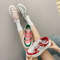 Korean version 2021 New dissolved shoes thick bottom flat board shoes womens color double lace net red casual shoes womens shoes tide