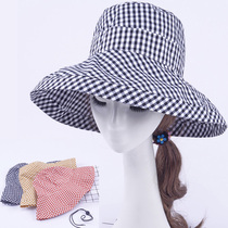Spring and summer new pastoral sweet female holiday Plaid straw hat foldable sun hat with windproof rope 4331