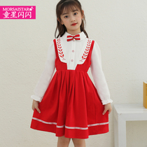 2022 new spring and autumn girls college windy dress long sleeves girl dancing skirt spring red foreign air dress blue