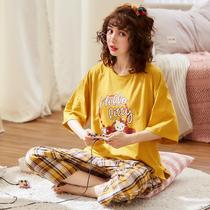 Cotton pajamas female Girl short sleeve trousers loose can be worn outside students autumn cute thin home clothes two-piece set