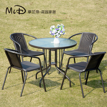 Outdoor table and chair with umbrella rattan chair Three or five sets of outdoor chairs Open-air leisure balcony Small coffee table Wrought iron courtyard table and chair