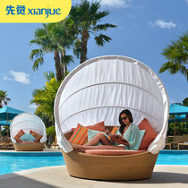Rattan reclining bed original designer outdoor swimming pool waterproof sunscreen open-air garden large balcony lazy sofa reclining chair
