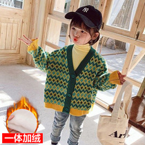 Children Cardiovert Girl Sweater Jacket Spring Autumn 2022 New Korean Version Little Girl Autumn Clothing Foreign Air Fashion Stitch Cardiovert
