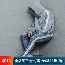 Europe and the United States High Street knee hole jeans big white bar men retro beggar cut broken wash old pants