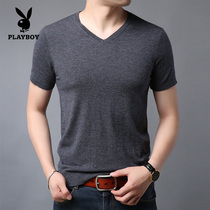 Playboy Mens Cardigan Solid Color Thin Short Sleeve T-shirt Mens V-neck Slim Slim Half-Sleeve T-shirt Knitted base shirt