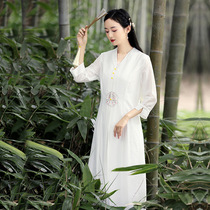 Light moon new tea art tea man suit summer retro Han element meditation suit embroidery Chinese outer cloak woman W6601