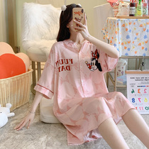 Sleeping Skirt Woman Summer Thin iced cotton short sleeves 2021 New cartoon shuttle woven pure cotton pyjamas can be worn outside the home dress