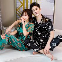 Summer high-end couple ice silk pajamas female pajamas male plus yards Korean silk thin long-sleeved home clothing