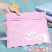 Hand-held double-layer mesh document bag a4 zipper students large-capacity multi-layer canvas cute simple primary school students with subject classification thickened test paper clip hand-carried information bag pregnant women portable pregnancy test bag
