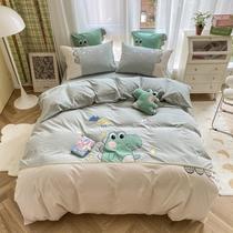 Cartoon series cotton wash cotton cartoon embroidered childrens four-piece set to accompany dinosaur Green