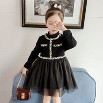 Autumn and winter girls plus velvet dress female baby Korean version of small fragrant style black princess dress thickened foreign style mesh dress