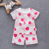 Baby summer 2021 new cotton gauze 01-2-3 year old girl short sleeve set pajamas thin air conditioning clothing home