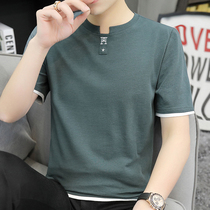 Summer pure cotton short-sleeved T-shirt mens thin section high-end trend loose all-match round neck trendy brand handsome half-sleeved mens clothing