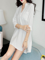  Korean white shirt womens mid-length boyfriend style sexy pajamas loose chiffon shirt long-sleeved bottoming shirt night dress