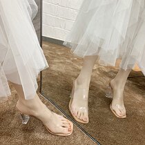 2020 Summer ins Net red with the same word with transparent high heel sandals female coarse heel crystal with sexy sandals