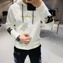2021 winter new style personality trend casual fashion hooded letter embroidery velvet pullover long-sleeved sweater mens trend