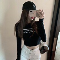 Vanya Black Black Down Han Edition Sexy and Short Dew-Up Round-collar T-shirt