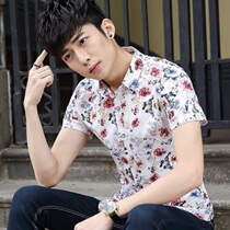 Rich and expensive bird printed short sleeve shirt male Korean version Summer swarm with anti-wrinkle floral lining trendy free-to-burn-free