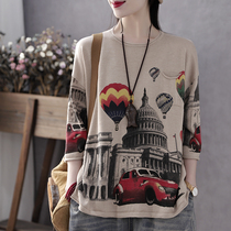 Han Suoyi Retro Art Spring and Summer New Printed Crewneck Jacket Loose Size Seven Sleeve Knitted Shirt Women