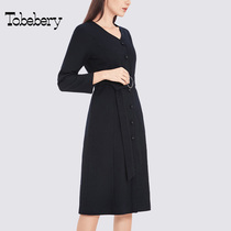 Hebenfeng high-waisted dress woman 2022 new v collar longy long belt shirt skirt