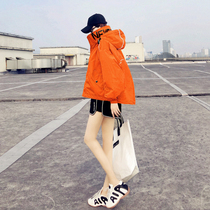 Orange sunscreen coat womens coat 2021 summer thin casual hooded letter breathable long sleeve short sunscreen suit