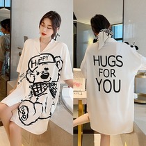 Shirt Sleeping Dress Woman 2021 New Summer Thin pieces Ice Sleeves Loose Sexy Boyfriend Wind Silk Pyjamas Hood