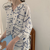 Japanese pajamas womens summer new style can be worn outside cute simple pen bear loose short-sleeved cardigan shorts home service