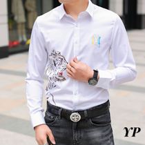 2020 spring new fashion Mens trendy brand long sleeve shirt Korean trend slim print white mens shirt