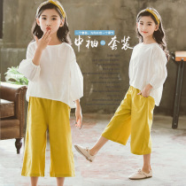 Girls set cotton childrens clothing summer childrens Korean short sleeve middle sleeve loose wide leg pants two-piece set