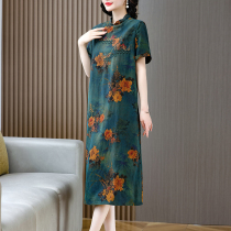 Tortoise Crack scents cloud yarn dress dress 2022 Pop dresses Long Covered Meat Lady Summer New green Repound true silk high-end