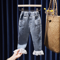 Girl Jeans Baby 2021 New Autumn Clothing Long Pants Baby Lace Lace Pants Outside Wearing Children 100 Hitch Pants