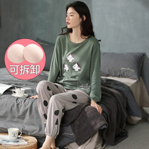 With Chest Cushion Pyjamas Woman Spring Autumn Season Pure Cotton Long Sleeve Long Pants Two Pieces Korean Version Full Cotton Extractable Suit Autumn And Winter Style
