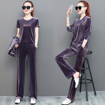 Gold velvet sports suit womens 2021 new spring and Autumn womens fashion casual loose sweater wide leg pants three-piece set