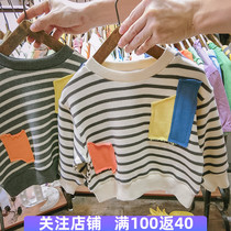 Childrens clothes spring and autumn childrens clothing foreign childrens stripes round neck Korean loose base shirt cotton boys coat tide