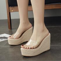 2021 summer new wedge slippers comfortable outside wear high-heeled thick bottom hemp rope grass woven word drag increased female cool drag