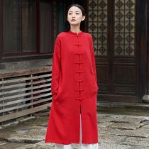 Spring and Autumn new womens cotton linen Chinese style retro buckle medium long coat long sleeve cardigan coat Chinese Tang suit