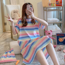 Pajama female spring short-sleeved pure cotton dress thin striped pajamas summer loose size pregnant women's skirt