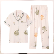 Fenten 2021 Pajama Womens Summer Short Sleeve Pants Cotton Size Print Cotton Thin Home Clothes Set