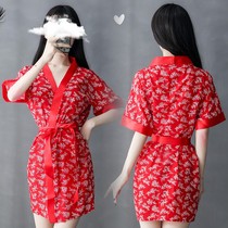 Sexy lingerie Sexy small chest printed Chiffon bathrobe Large size lace-up placket Free extreme temptation Bed pajamas