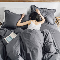 ins wind solid color ruffle washed cotton cotton four-piece set Multi-color sheets fitted sheet four-piece set simple