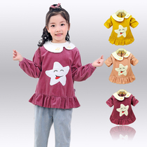 Girls baby blouse waterproof spring autumn and winter new wick thick striped velvet eating clothes long-sleeved large size childrens reverse dressing