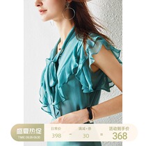 U N Q French fresh double layer Mulberry Silk solid color romantic ruffle Joe silk shirt top female