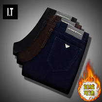 Corduroy mens pants autumn and winter slim straight strippery mens pants plus velvet thickened middle-aged business mens casual pants
