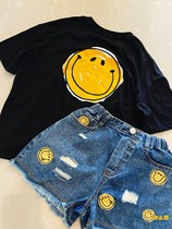 OMIOMI original design heavy industry Western style mens and womens childrens clothing thin smiley face embroidery denim baby summer shorts