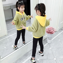 Girl plus velvet sweater 2021 autumn and winter New Korean version of foreign style children thick children winter dress girl hooded top