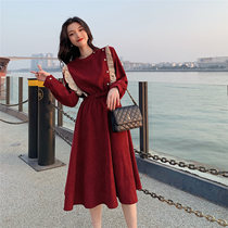 Autumn Winter New Style Light Cooked retro Hepburn Agaric Edge Foreign Air Long style Dress With Dress with Clothing Belt Tide