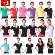 Nine dances summer and autumn new square dance V-neck short-sleeved top dance dance suit top fitness suit yoga suit modal