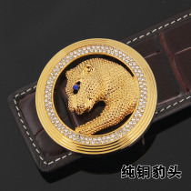 Fashion diamond-studded copper leopard head mens belt leather crocodile pattern head layer cowhide belt smooth buckle youth tide